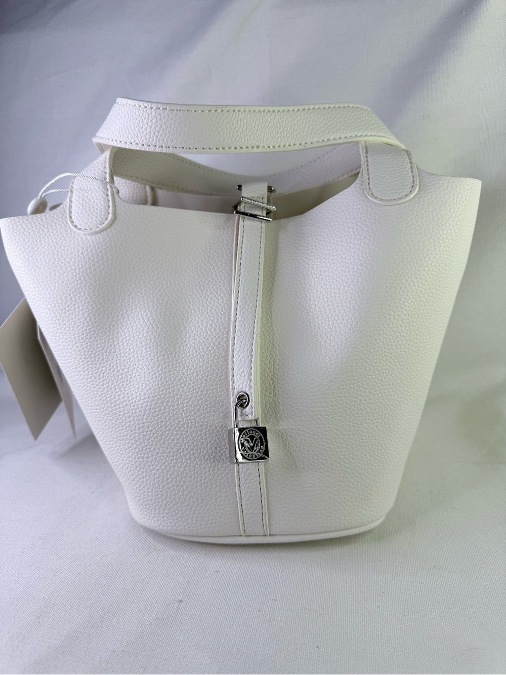 Valentino Orlandi White Pebbled Bucket Bag with Silver Accent